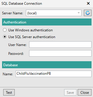 Picture showing the SQL Database Connection Dialog Box. 